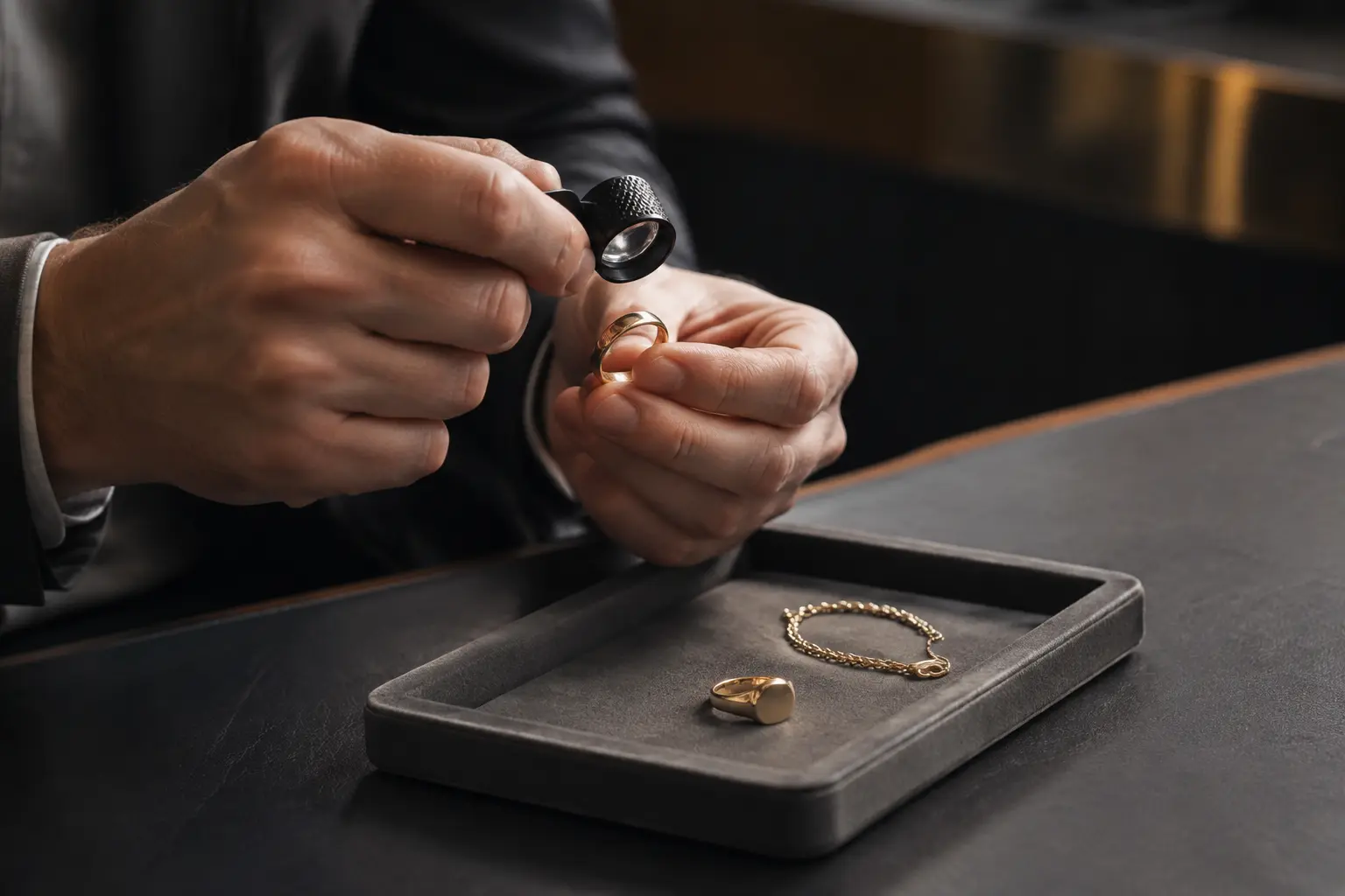 Profesional examinando una joya de oro con una lupa